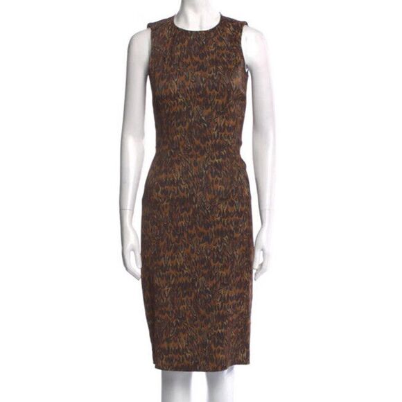 Brown Michael Kors Collection Feather Print Midi Dress Women’s Size 2 Made Italy - Picture 1 of 12